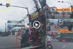 Kinh hãi xe máy vượt đèn đỏ, bị xe tải cán nát