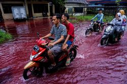 Dòng nước lũ 'đỏ như máu' tràn vào ngôi làng ở Indonesia