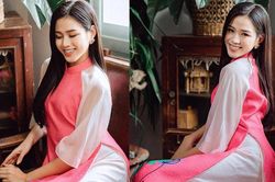 Hoa hậu Đỗ Thị Hà đẹp nền nã với áo dài hồng trong ngày mùng 5 Tết