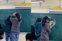 Lên bảng vẽ hình tròn nhưng không có compa, hai nữ sinh nghĩ ra cách vẽ 'bá đạo'