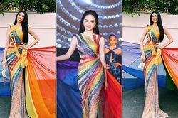 Mặc lại váy lục sắc của Hương Giang, Ngọc Thảo nổi bật tại buổi chụp hình ở Miss Grand