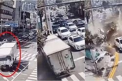 Tránh đâm hàng loạt ô tô, xe tải lao thẳng vào tòa nhà như phim hành động