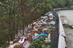 Lối dẫn lên xuống cầu Thăng Long ngập rác thải
