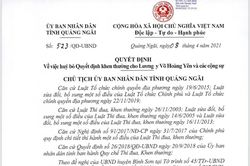 Quảng Ngãi hủy bỏ quyết định khen thưởng ông Võ Hoàng Yên