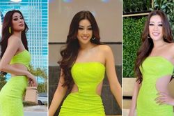 Ngày đầu thi Miss Universe, Khánh Vân khôn khéo 'bắt trend' mặc váy neon khoét eo sexy