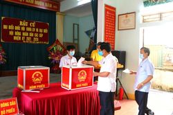 Trưởng ban Tổ chức Tỉnh ủy Lê Đức Cường bỏ phiếu tại thị trấn Cầu Giát (Quỳnh Lưu)