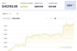 Giá Bitcoin hôm nay 14/8: Tăng mạnh lên gần 48.000 USD