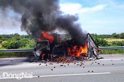 Xe chở hoa quả cháy trơ khung trên đường cao tốc