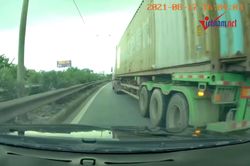 Ô tô con phanh dúi dụi tránh bị container chèn đầu trên quốc lộ 5