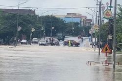 Mưa kéo dài quốc lộ 1A qua Hà Tĩnh ngập sâu trong biển nước