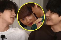 Jin cười ngượng ngùng, V BTS khoái trá với cảnh hôn má nhau