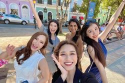 Hội ngộ cùng 'chị em' Miss World, Hoa hậu Đỗ Thị Hà mặc đồ nổi bật, khoe chân dài miên man