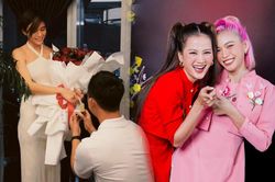 Chị em Hoàn vũ Kim Duyên - Hương Ly - Khánh Vân - Ngọc Châu nháo nhào khi Mâu Thủy nhận lời cầu hôn