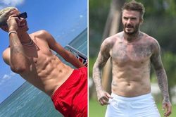 Romeo Beckham khoe cơ bụng giống bố