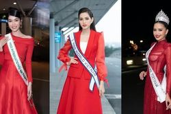 Trang phục ra sân bay đi thi quốc tế của Ngọc Châu trùng hợp với Đỗ Thị Hà và Phương Anh