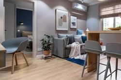 Căn hộ 56m2 với sự kết hợp đặc biệt của 3 gam màu xanh, ghi, hồng