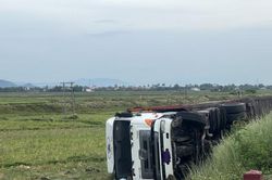 Mất lái, xe đầu kéo lao xuống ruộng lúa