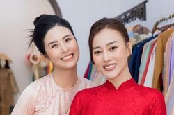 Phương Oanh chọn mặc áo dài do Hoa hậu Ngọc Hân thiết kế cho ngày trọng đại