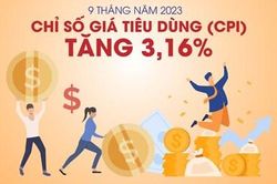 9 tháng năm 2023, chỉ số giá tiêu dùng (CPI) tăng 3,16% so với cùng kỳ năm trước