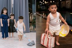 Nhóc tỳ 2 tuổi nhà sao Việt mặc áo rách lấm lem, biểu cảm hài hước gây chú ý