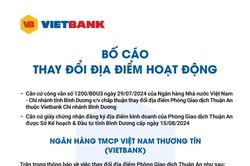 Vietbank: Bố cáo thay đổi địa điểm hoạt động PGD Thuận An