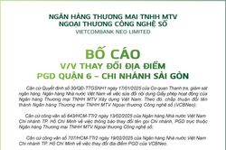 VCBNeo: Bố cáo thay đổi địa đểm PGD Quận 6 - Chi nhánh Sài Gòn