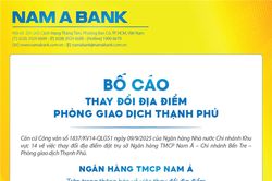 Nam A Bank: Bố cáo thay đổi địa điểm PGD Thạnh Phú