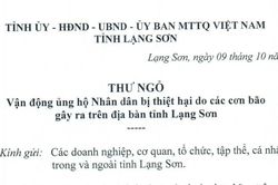 Thư ngỏ vận động ủng hộ Nhân dân bị thiệt hại do các cơn bão gây ra trên địa bàn tỉnh Lạng Sơn