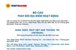 Vietbank bố cáo thay đổi địa điểm hoạt động PGD Bình Thủy
