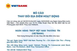 Vietbank bố cáo thay đổi địa điểm hoạt động PGD Bình Thủy