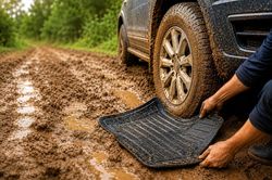 Ít ai ngờ thảm lót sàn lại có thể giúp xe thoát khỏi cảnh sa lầy