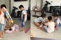 3 đứa trẻ cùng chăm em bé, dân mạng gọi là 'khối nghỉ hè ưu tú nhất năm'