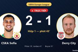 TRỰC TIẾPTrực tiếp CSKA Sofia vs Derry City: Hiệp 2 bắt đầu, CSKA Sofia dẫn 2-1