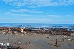 Một tuần sau bão số 1, bãi biển Trà Cổ ở Quảng Ninh ngập ngụa rác