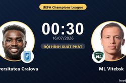 TRỰC TIẾPTrực tiếp Universitatea Craiova vs ML Vitebsk: Hiệp 2 bắt đầu, hòa 0-0