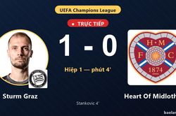 TRỰC TIẾPTrực tiếp Sturm Graz vs Heart Of Midlothian: Sturm Graz mở tỷ số