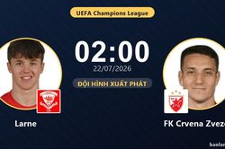 TRỰC TIẾPTrực tiếp Larne vs FK Crvena Zvezda: Trận đấu đang diễn ra