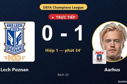 TRỰC TIẾPTrực tiếp Lech Poznan vs Aarhus: Hết hiệp 1, Aarhus dẫn 1-0