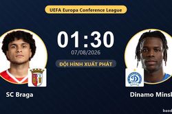 TRỰC TIẾPTrực tiếp SC Braga vs Dinamo Minsk: Đội h&igrave;nh xuất ph&aacute;t