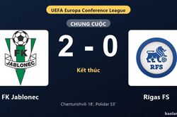 Thống kê trận đấu FK Jablonec 2-0 Rīgas FS: M. Polidar tỏa sáng, FK Jablonec giành trọn 3 điểm