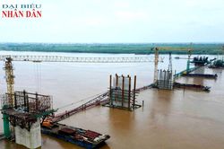 Hà Nội: 9 trụ cầu Hồng Hà dần lộ diện giữa sông Hồng