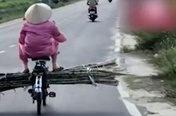 Hú hồn cảnh người phụ nữ ung dung chở mía chắn ngang đường, mặc cho ô tô bấm còi