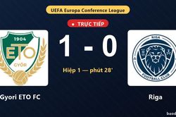 TRỰC TIẾPTrực tiếp Gyori ETO FC vs Riga: Hiệp 2 bắt đầu, Gyori ETO FC dẫn 1-0