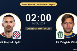 TRỰC TIẾPTrực tiếp HNK Hajduk Split vs FK Zalgiris Vilnius: Đội hình xuất phát
