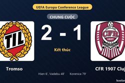 Thống k&ecirc; trận đấu Tromso 2-1 CFR 1907 Cluj: I. Vadebu tỏa s&aacute;ng, Tromso gi&agrave;nh trọn 3 điểm