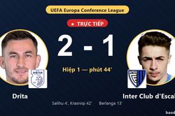 TRỰC TIẾPTrực tiếp Drita vs Inter Club d'Escaldes: Hết hiệp 1, Drita dẫn 2-1