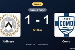 Thống kê trận đấu Udinese 1-1 Como: Hai đội chia điểm