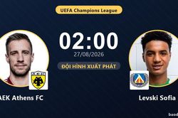 TRỰC TIẾPTrực tiếp AEK Athens FC vs Levski Sofia: Đội h&igrave;nh xuất ph&aacute;t