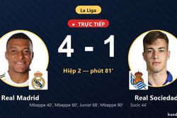TRỰC TIẾPTrực tiếp Real Madrid vs Real Sociedad: Real Madrid nới rộng c&aacute;ch biệt 4-1