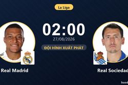 TRỰC TIẾPTrực tiếp Real Madrid vs Real Sociedad: Đội h&igrave;nh xuất ph&aacute;t